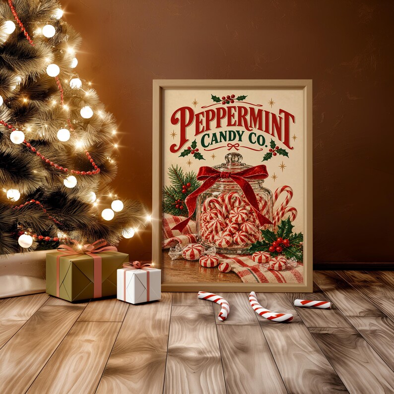 Peppermint Candy Wall Art, Vintage Christmas Kitchen Decor, Retro Holiday Art Print, Red Green Poster image 13