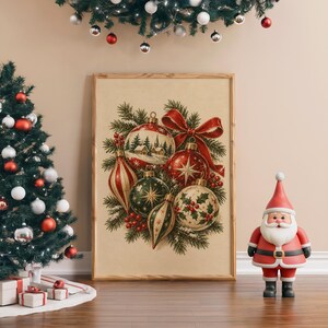 Vintage Christmas Ornaments Wall Art, Rustic Holiday Decor Poster, Red Green Botanical Art Print zdjęcie 4