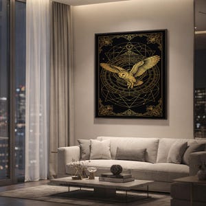 Celestial owl wall art print hanging above a light gray sofa in a modern living room with evening city views through tall windows.