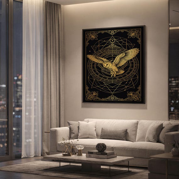 Celestial owl wall art print hanging above a light gray sofa in a modern living room with evening city views through tall windows.