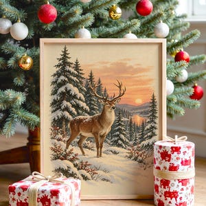 Winter Deer Wall Art, Snowy Forest Sunset Wildlife Art Print, Rustic Cabin Poster Bild 1