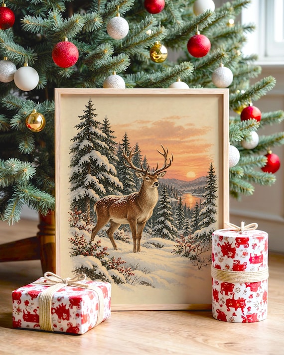 Winter Deer Wall Art, Snowy Forest Sunset Wildlife Art Print, Rustic Cabin Poster
