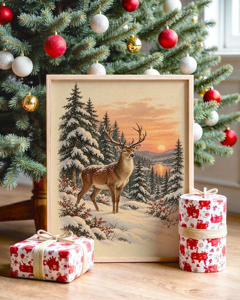 Winter Deer Wall Art, Snowy Forest Sunset Wildlife Art Print, Rustic Cabin Poster Bild 1