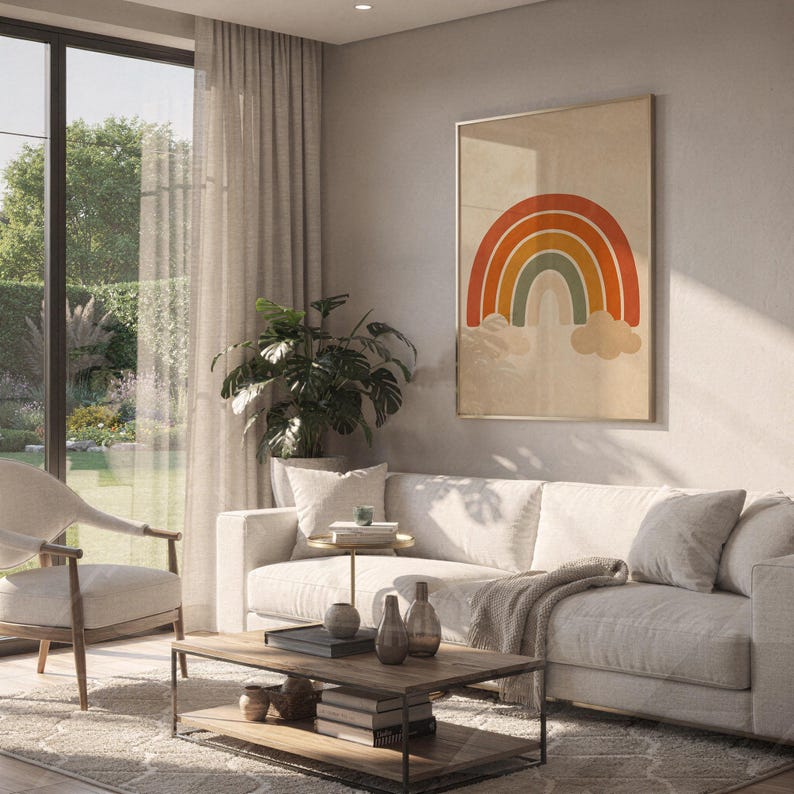 Boho earth tone rainbow print hanging above a white sofa in a living room with garden views.