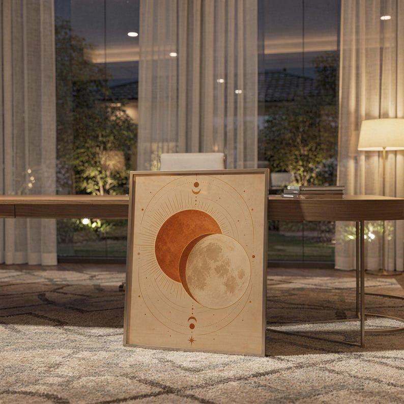 Sun and moon celestial wall art print standing on a wooden desk in a home office in warm evening light.