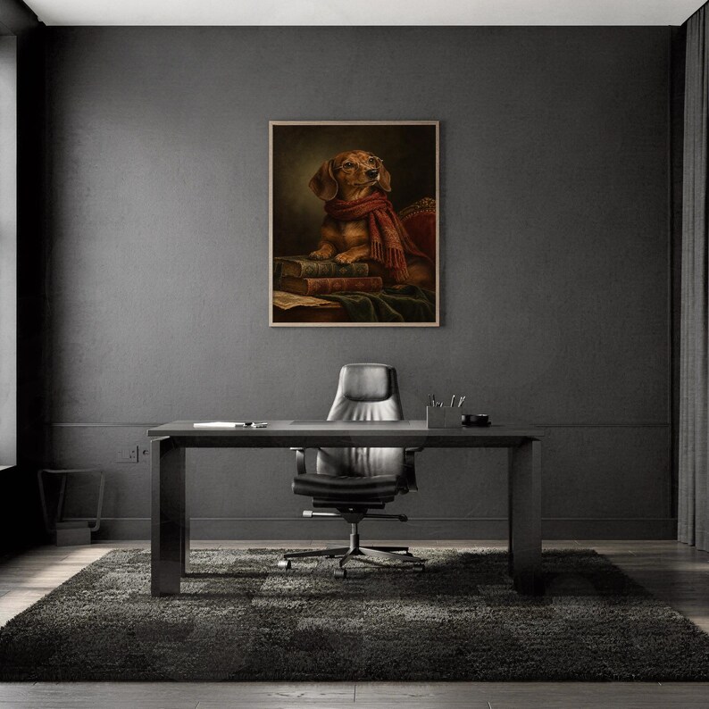 Dachshund wall art print framed and displayed in a modern home interior.