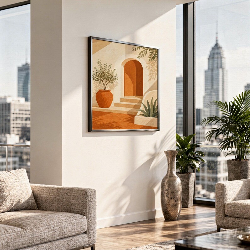 Mediterranean terracotta stairway arch print hanging above a stone countertop with a fruit bowl in a sunny kitchen.