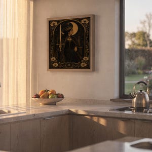 Gothic moon queen wall art print hanging above a stone countertop with a fruit bowl in a sunny kitchen.