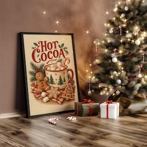 Hot Cocoa Christmas Wall Art, Vintage Gingerbread Cookie Kitchen Poster, Rustic Holiday Art Print zdjęcie 10
