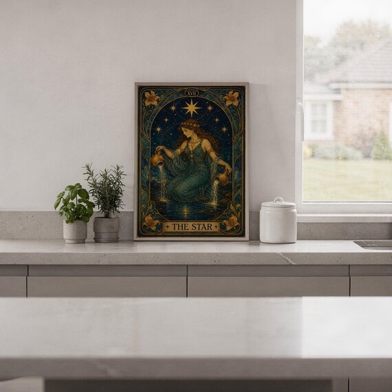 The star tarot card wall art print hanging in a high-rise apartment living room with a city skyline view.