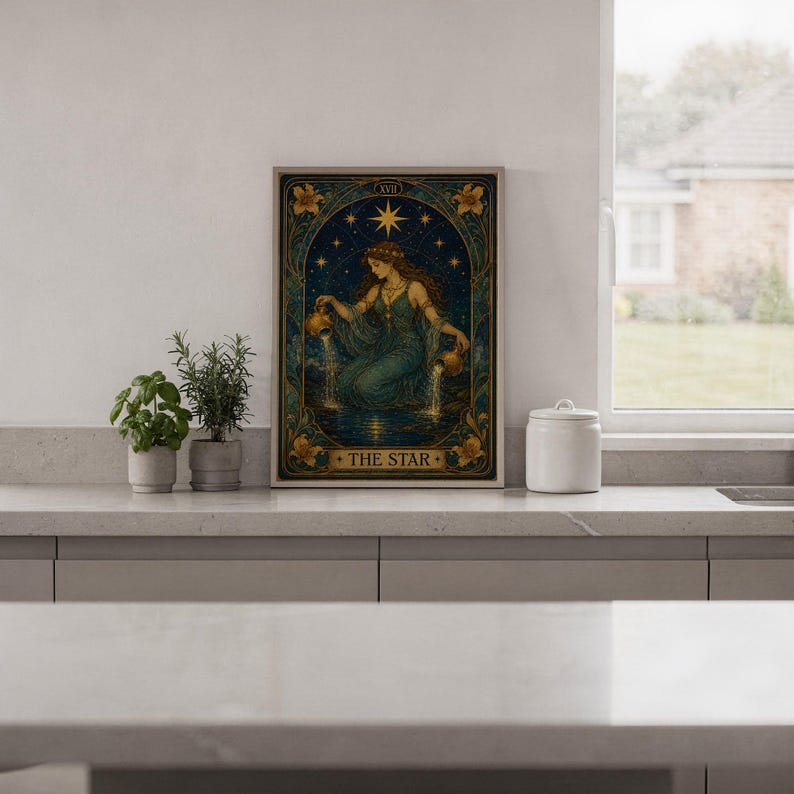 The star tarot card wall art print hanging in a high-rise apartment living room with a city skyline view.