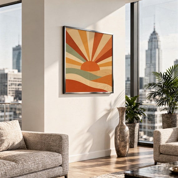 Retro geometric sunrise print hanging above a stone countertop with a fruit bowl in a sunny kitchen.