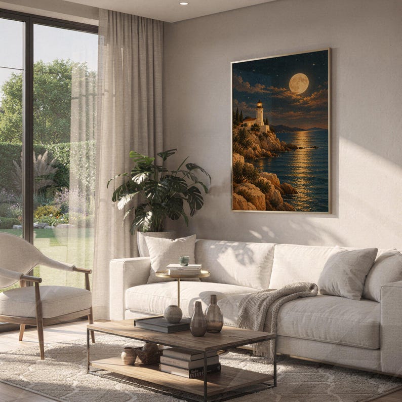 Moonlit lighthouse wall art print hanging above a white sofa in a living room with garden views.