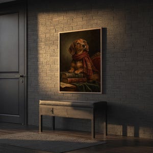Dachshund wall art print hanging above a stone countertop with a fruit bowl in a sunny kitchen.