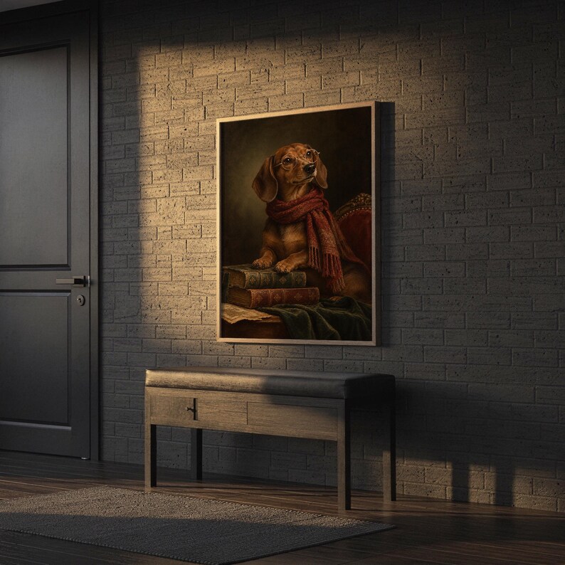 Dachshund wall art print hanging above a stone countertop with a fruit bowl in a sunny kitchen.