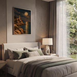 Moonlit lighthouse wall art print hanging above a bed with sage green pillows in a calm neutral bedroom.