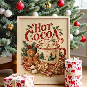 Hot Cocoa Christmas Wall Art, Vintage Gingerbread Cookie Kitchen Poster, Rustic Holiday Art Print zdjęcie 1