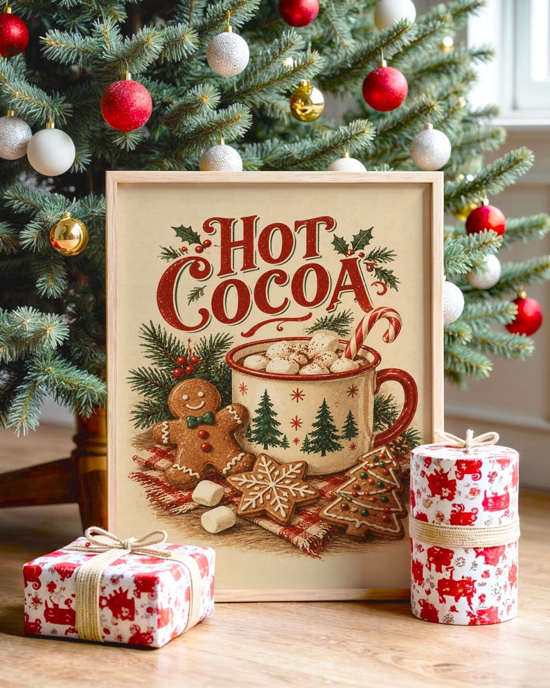 Hot Cocoa Christmas Wall Art, Vintage Gingerbread Cookie Kitchen Poster, Rustic Holiday Art Print zdjęcie 1