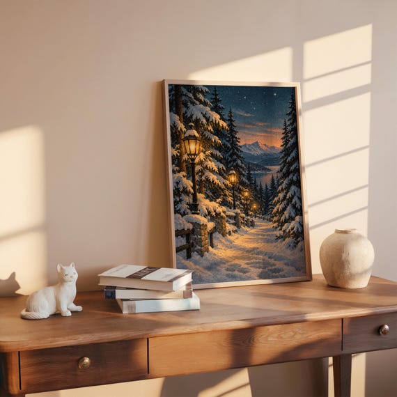 Snowy forest path wall art print leaning on a wooden desk against a warm beige wall in soft window sunlight.