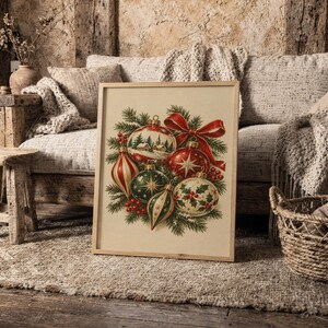 Vintage Christmas Ornaments Wall Art, Rustic Holiday Decor Poster, Red Green Botanical Art Print zdjęcie 9