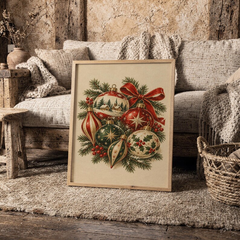 Vintage Christmas Ornaments Wall Art, Rustic Holiday Decor Poster, Red Green Botanical Art Print zdjęcie 9