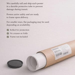 A brown cardboard shipping tube with a black plastic cap, containing a rolled-up white poster, is shown next to text about shipping and packaging.