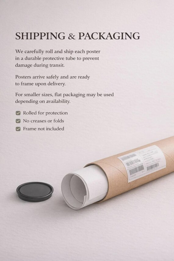 A brown cardboard shipping tube with a black plastic cap, containing a rolled-up white poster, is shown next to text about shipping and packaging.