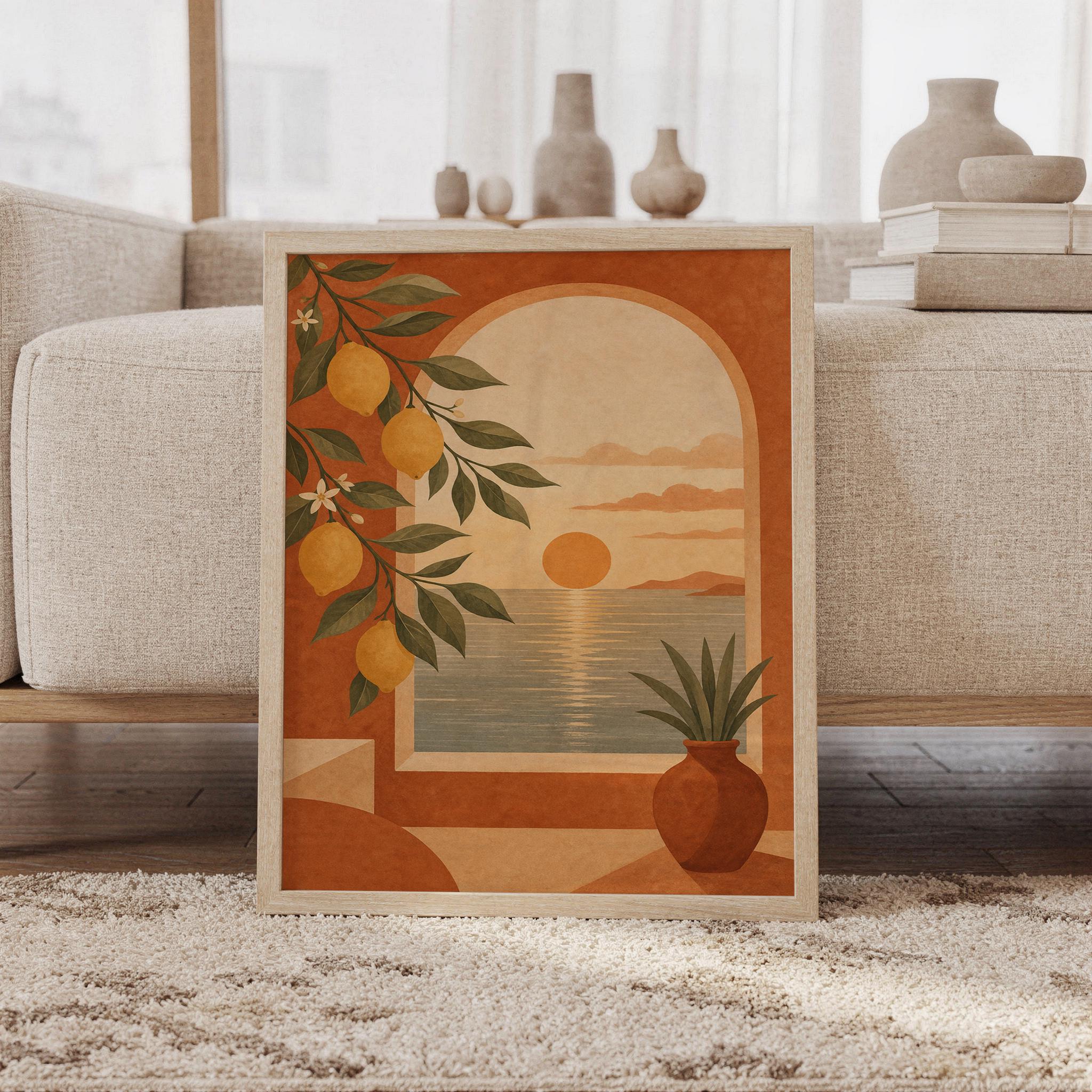 Mediterranean lemon tree wall art print of a arched window opening onto a sunset sea, framed by hanging lemons, with a rustic clay vase in terracotta, ochre and olive tones, framed and leaning against a beige sofa on a textured rug in a bright Scandinavian living room.