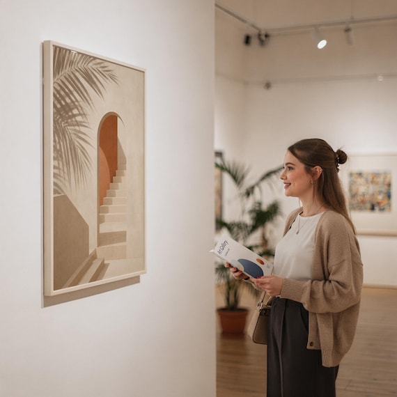 Woman admiring a framed terracotta palm art print on a white gallery wall.