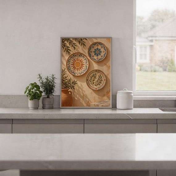 Mediterranean ceramic plate wall art print standing on a white kitchen counter beside potted herbs.