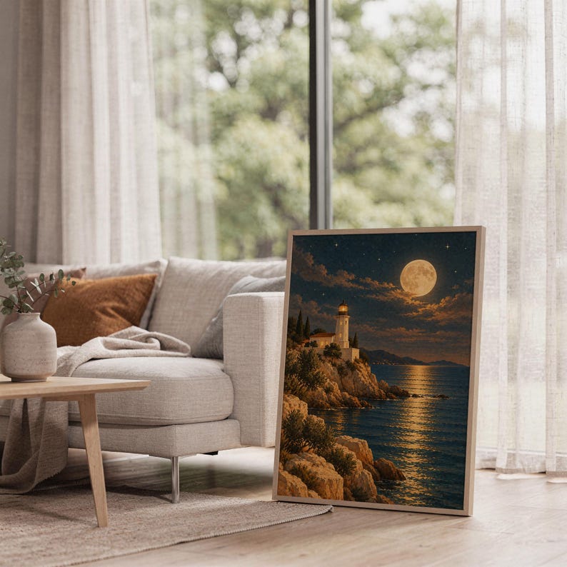 Moonlit lighthouse wall art print leaning on the floor beside a cream armchair next to large garden windows.