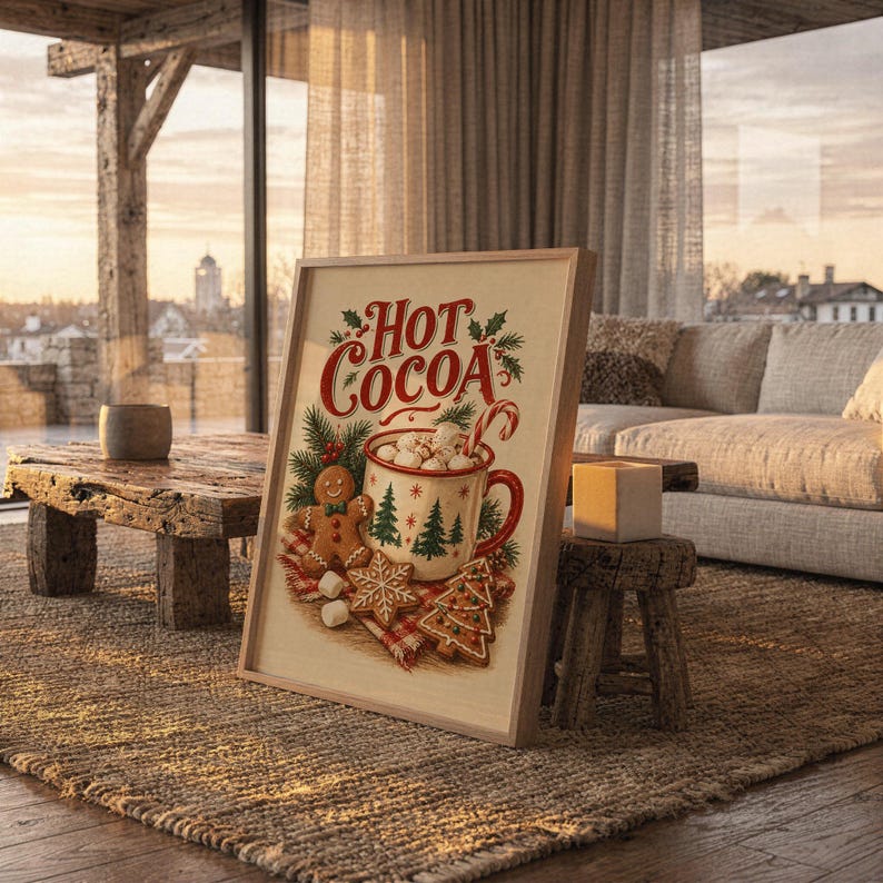 Hot Cocoa Christmas Wall Art, Vintage Gingerbread Cookie Kitchen Poster, Rustic Holiday Art Print zdjęcie 11
