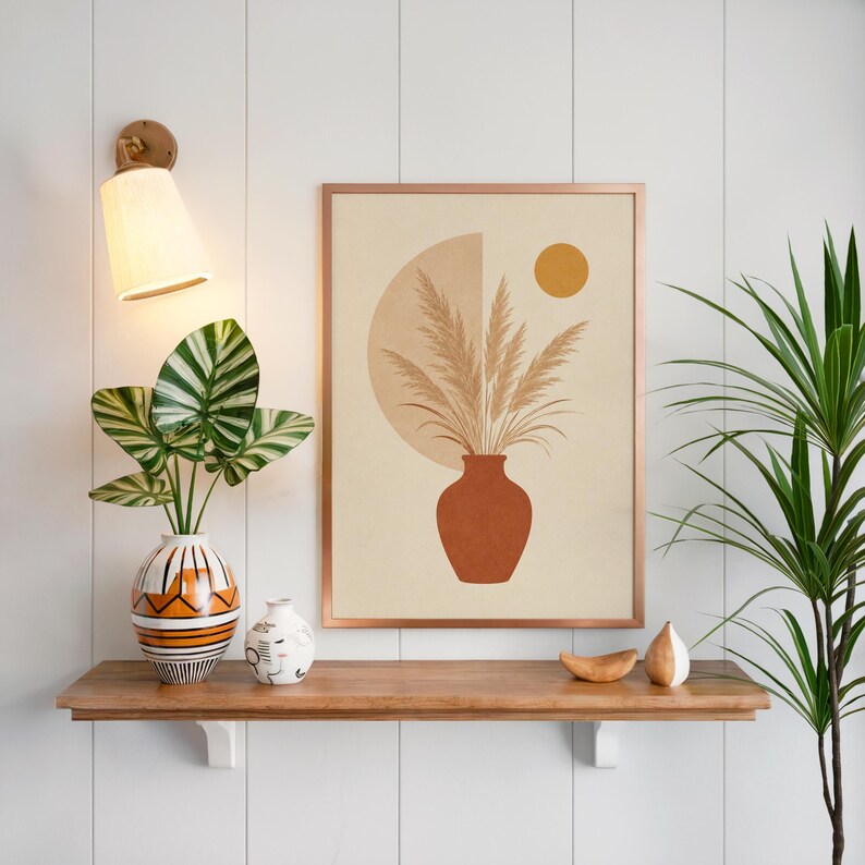 Boho pampas wall art on floating wooden shelf above indoor green plants