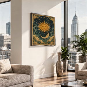 Celestial sun and moon wall art print standing on a white kitchen counter beside potted herbs.