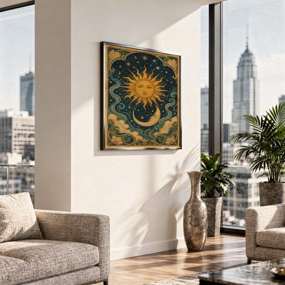 Celestial sun and moon wall art print standing on a white kitchen counter beside potted herbs.