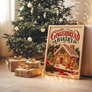 Gingerbread bakery christmas wall art print hanging above a dark wood console and jute rug in a warm neutral interior.