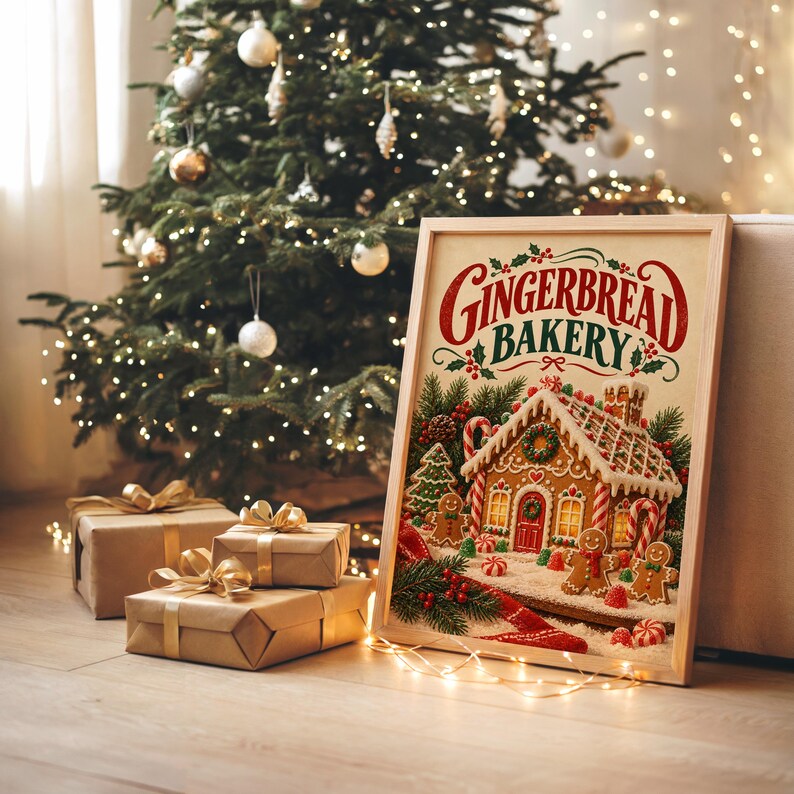 Gingerbread bakery christmas wall art print hanging above a dark wood console and jute rug in a warm neutral interior.