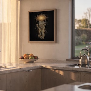 Celestial hand wall art print hanging in a high-rise apartment living room with a city skyline view.