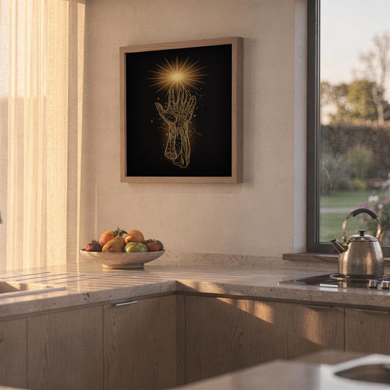 Celestial hand wall art print hanging in a high-rise apartment living room with a city skyline view.