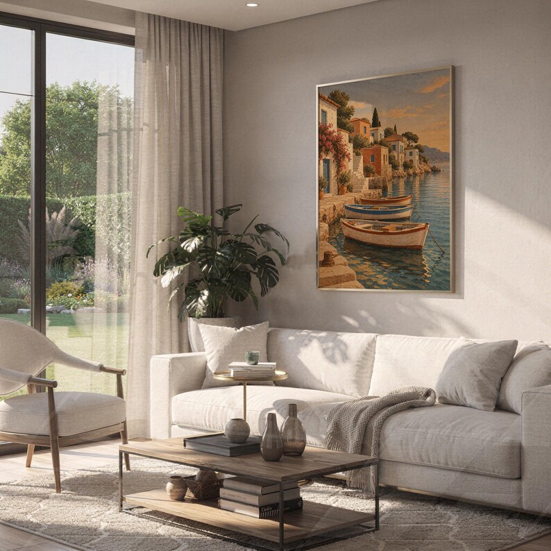 Mediterranean coastal village wall art print hanging above a white sofa in a living room with garden views.