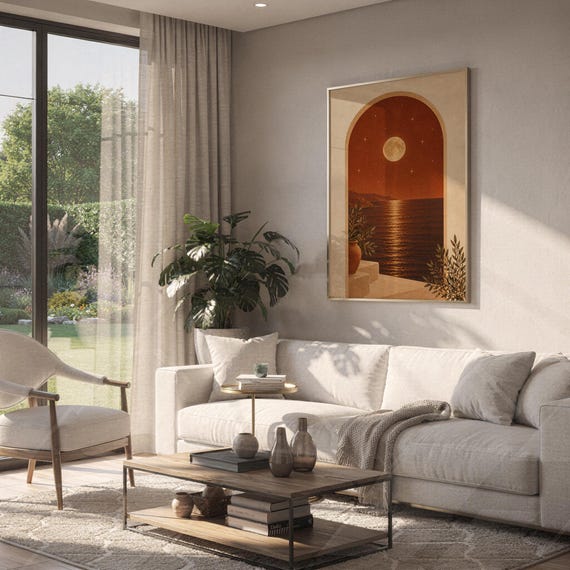 Moonlit Mediterranean arch print hanging above a white sofa in a living room with garden views.