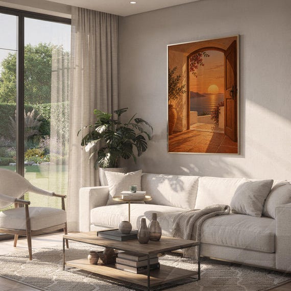 Mediterranean sunset doorway wall art print hanging above a white sofa in a living room with garden views.
