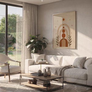 Aesthetic boho arch poster framed on wall above white sofa in bright modern living room.