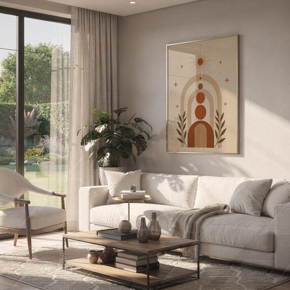 Aesthetic boho arch poster framed on wall above white sofa in bright modern living room.