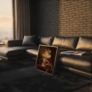 Royal cat portrait wall art print framed and displayed in a modern home interior.
