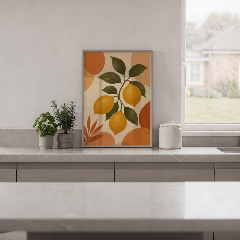 Lemon branch botanical print standing on a white kitchen counter beside potted herbs.