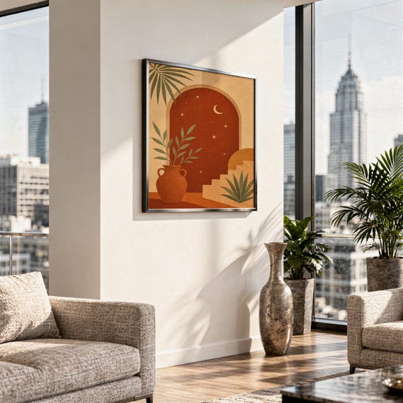 Terracotta moon and stars arch art print hanging above a stone countertop with a fruit bowl in a sunny kitchen.