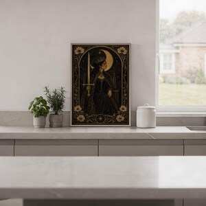 Gothic moon queen wall art print hanging in a high-rise apartment living room with a city skyline view.