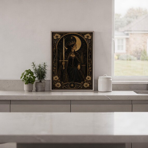 Gothic moon queen wall art print hanging in a high-rise apartment living room with a city skyline view.