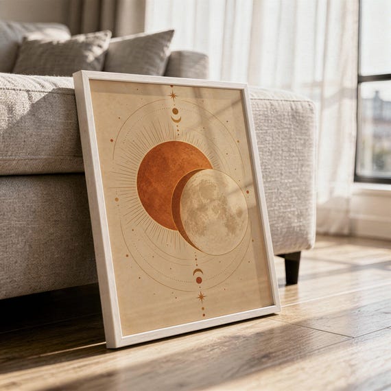 Sun and moon celestial wall art print in a white frame leaning against a gray sofa on a sunlit wooden floor.